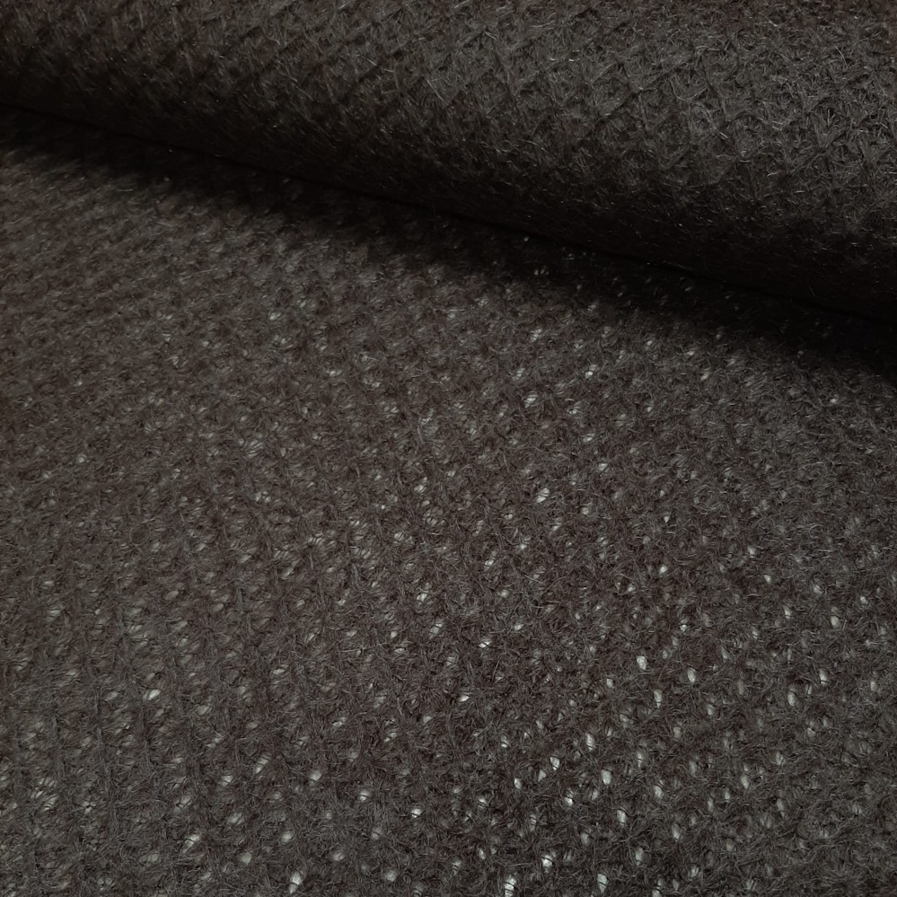 Zwarte mohairmix stof met open breiwerk en variërende draadstructuur, 150 cm breed – luchtig en zacht.
